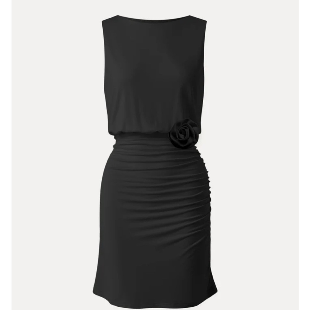 WORN ONCE. Black Sleeveless Dress with Ruching and detachable rose accessory